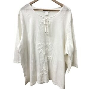 C.D. Daniels Blouse 3X White Cotton Gauze‎ Embroidered Palm Tree Tie Neck Tunic